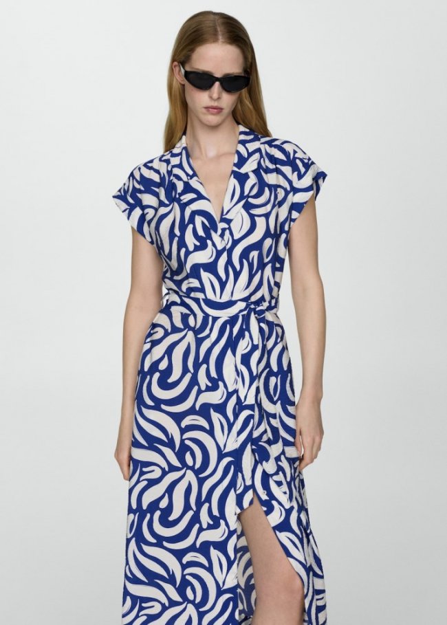Mango Vestido camisero textura lazo - Azul tinta