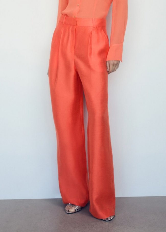 Mango Pantalón lino wideleg - Naranja