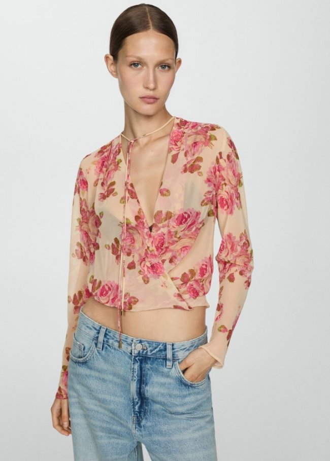 Mango Blusa cruzada estampado floral - Crudo