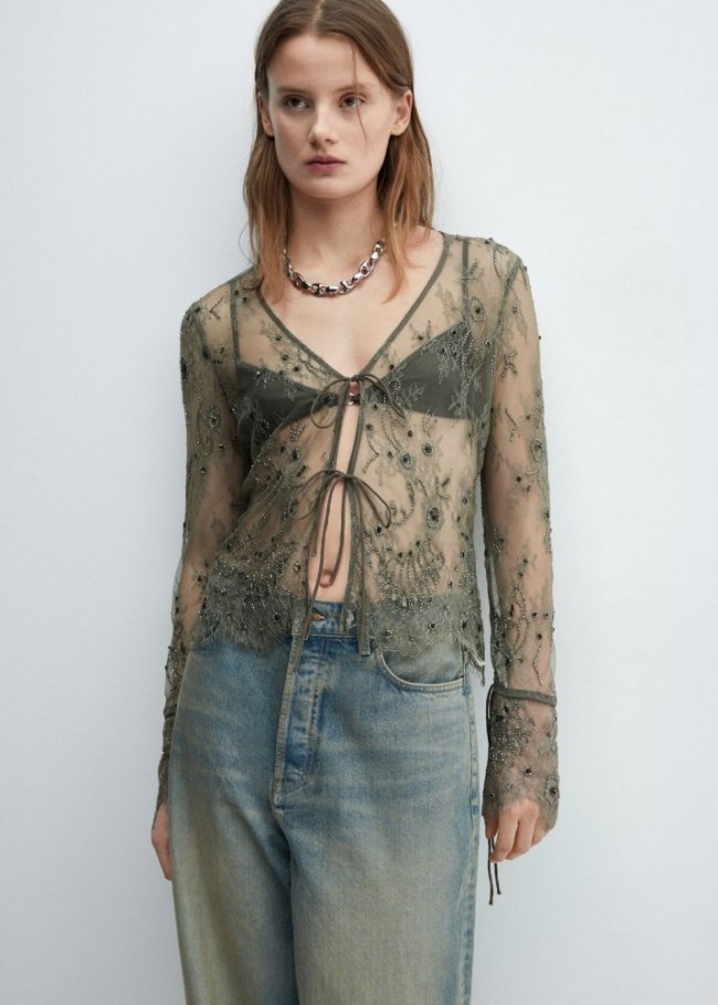 Mango Blusa apliques encaje - Gris claro/pastel