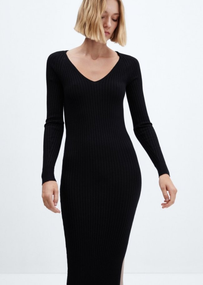 Mango Vestido canalé escote pico - Negro