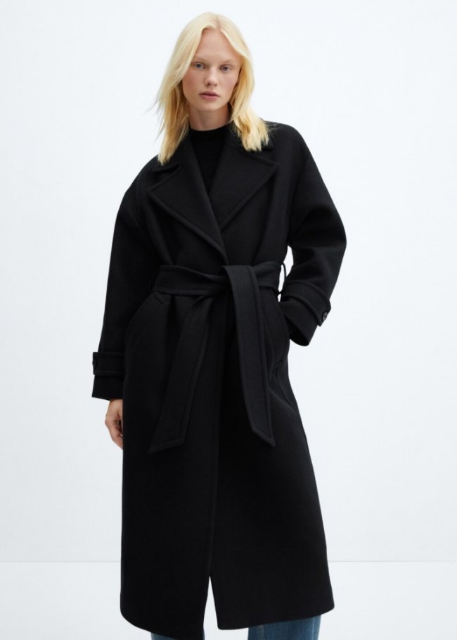 Mango Abrigo lana manteco maxi solapas - Negro