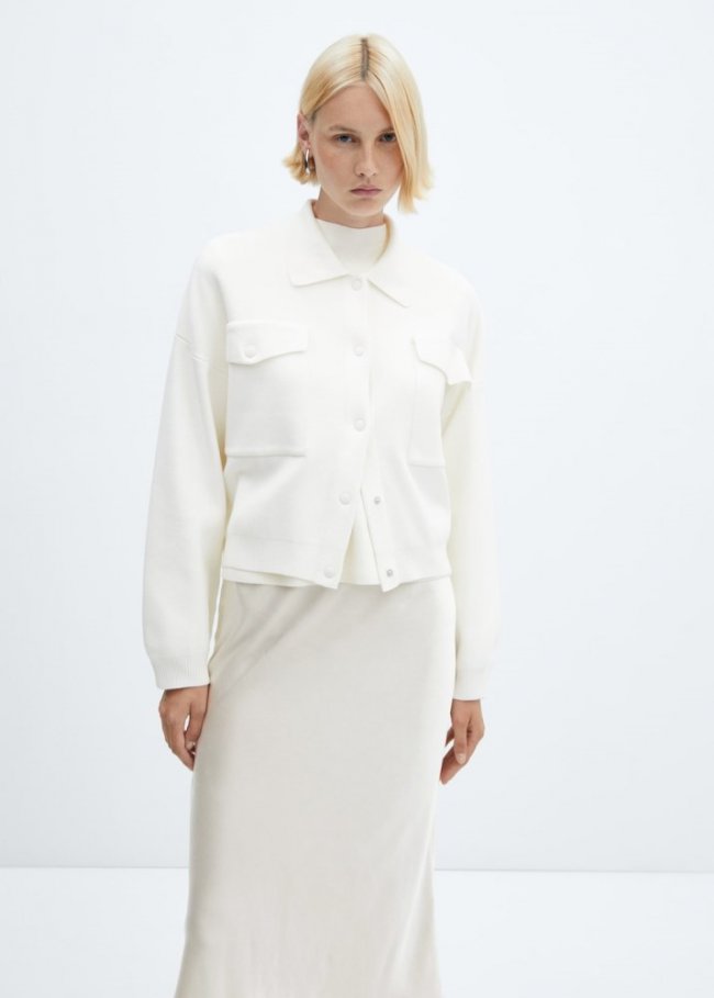 Mango Cárdigan cuello camisero bolsillos - Blanco roto