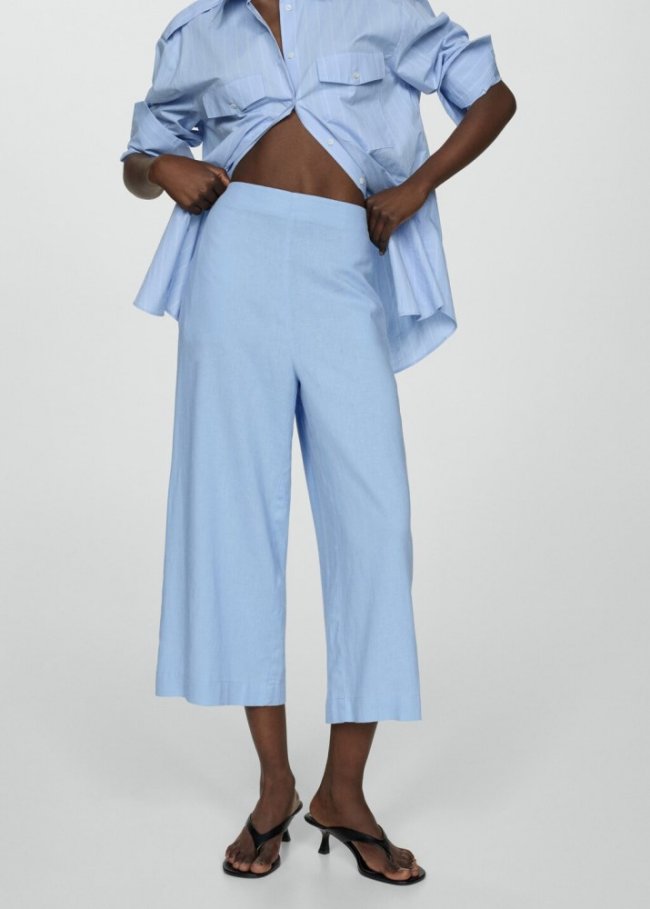 Mango Pantalón lino wideleg - Azul celeste