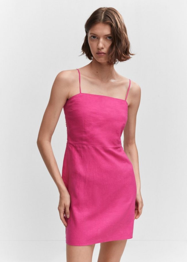 Mango Vestido lino detalle abalorios - Fucsia