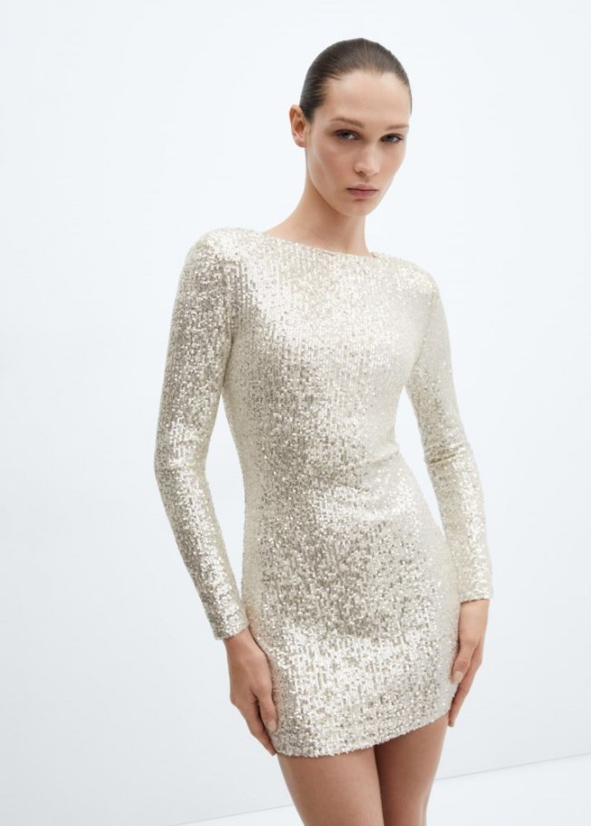 Mango Vestido lentejuelas hombreras - Blanco marfil