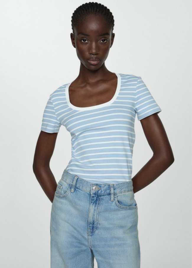 Mango Camiseta rayas estampada - Azul