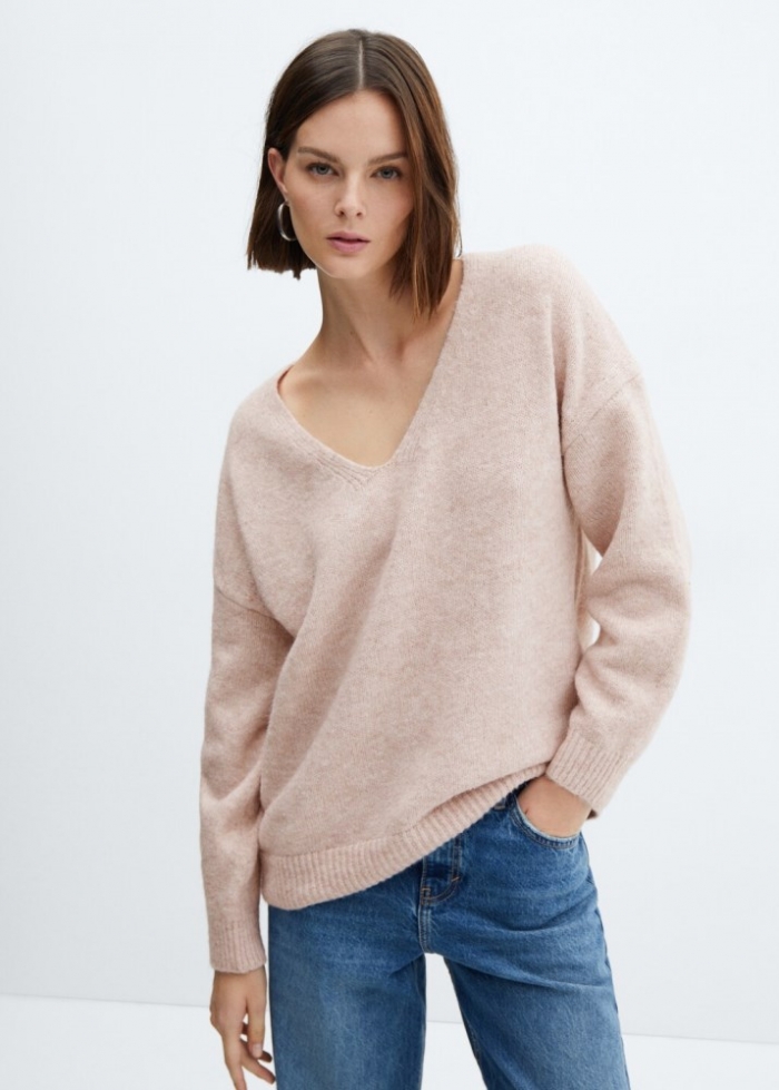 Mango Jersey punto cuello pico - Rosa pastel