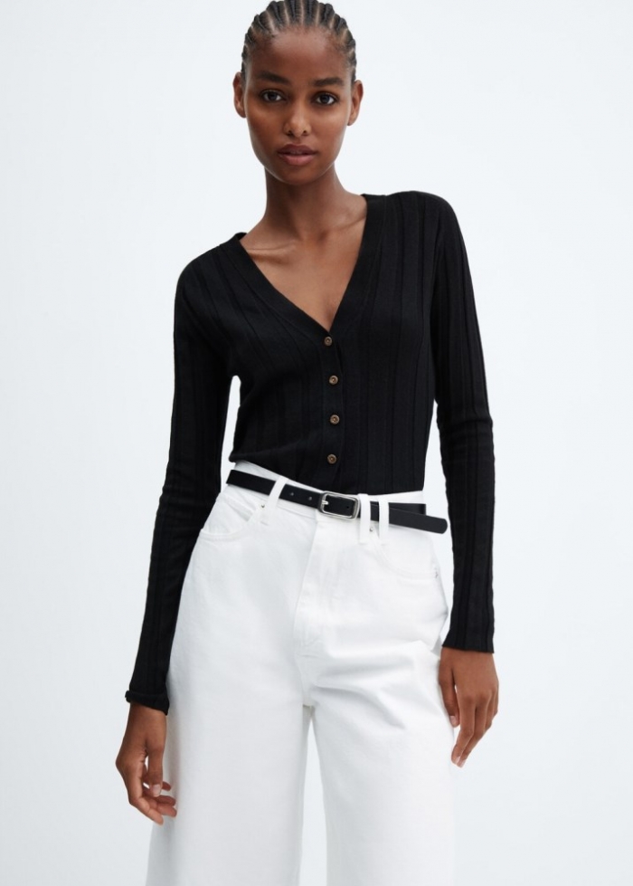 Mango Cárdigan canalé botones - Negro