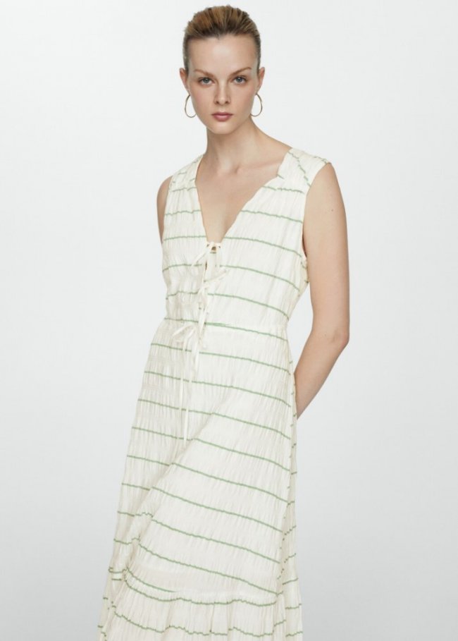 Mango Vestido rayas lazo - Blanco roto