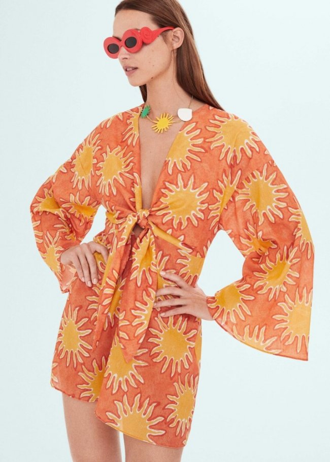 Mango Vestido estampado detalle nudo - Naranja