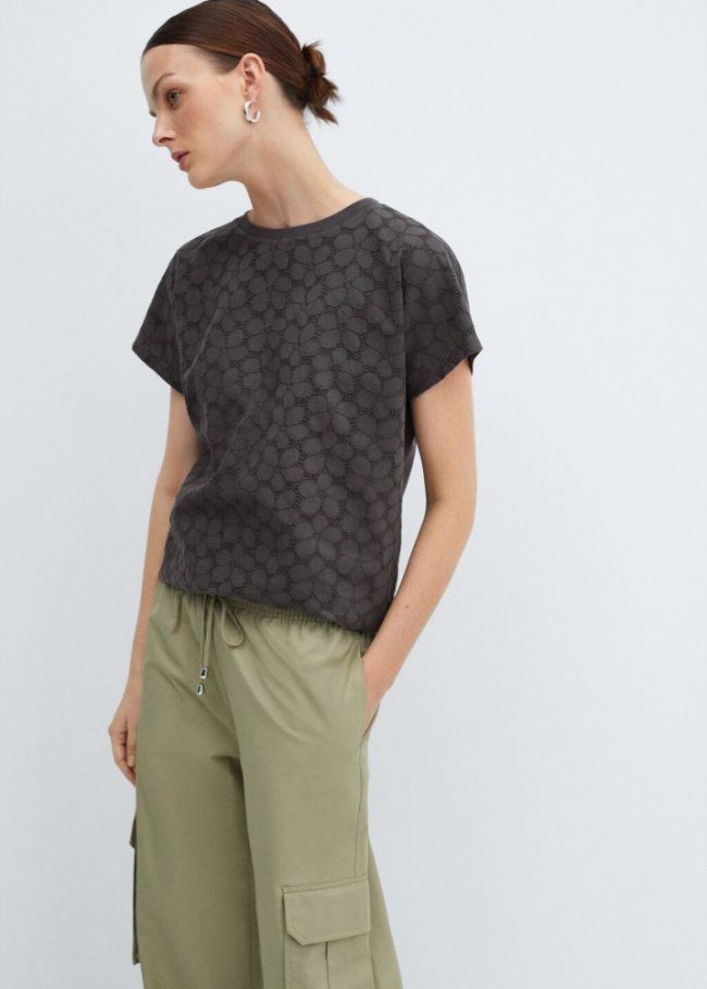 Mango Camiseta calada algodón - Gris antracita