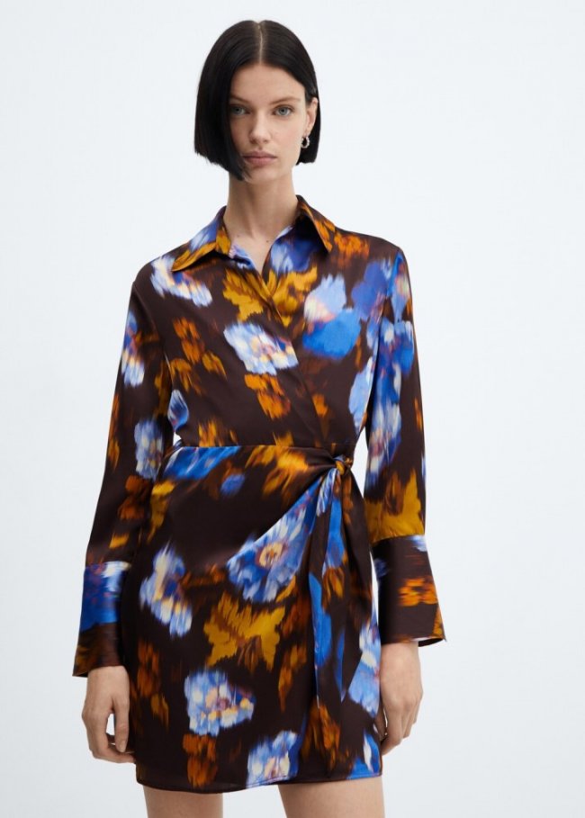 Mango Vestido satinado estampado - Marrón