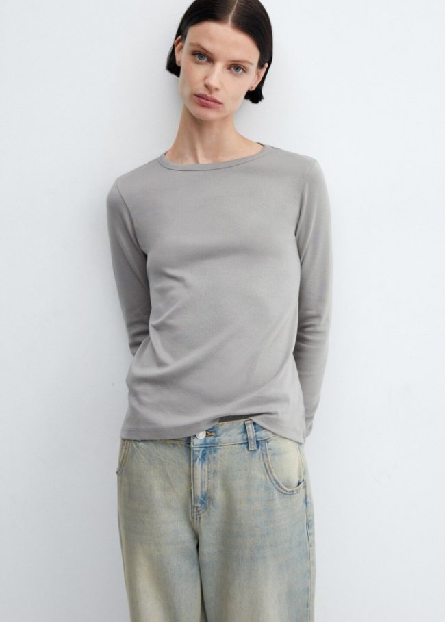 Mango Camiseta algodón manga larga - Gris