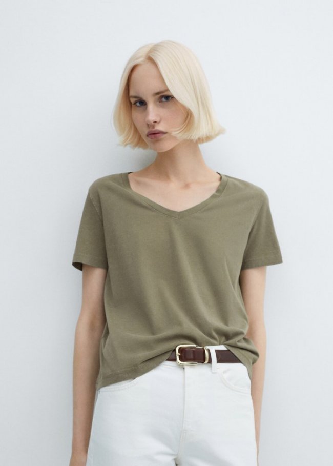 Mango Camiseta lavada algodón - Khaki