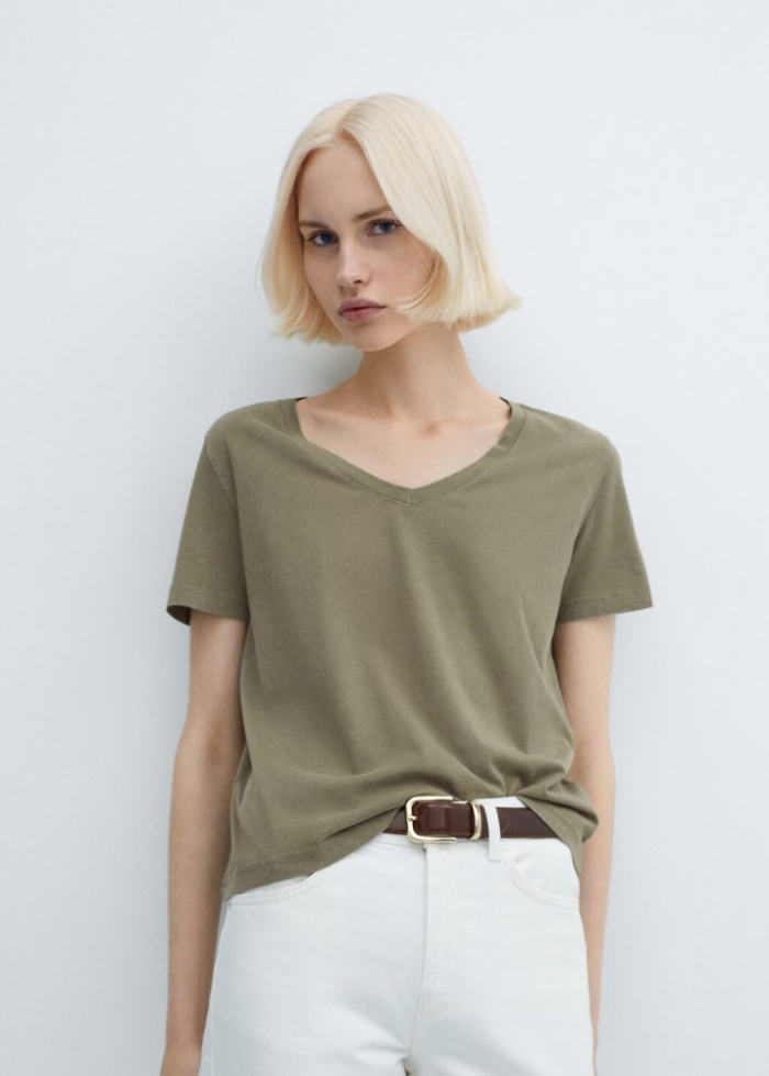Mango Camiseta lavada algodón - Khaki