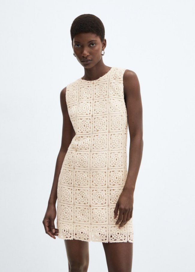 Mango Vestido crochet algodón - Crudo