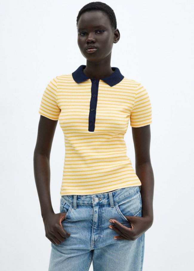 Mango Polo rayas manga corta - Amarillo pastel