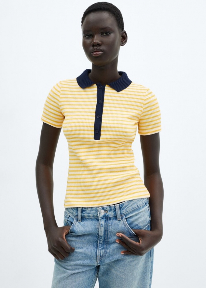 Mango Polo rayas manga corta - Amarillo pastel