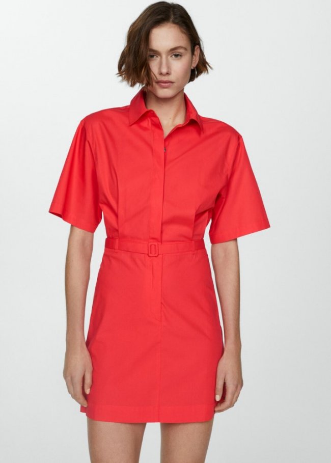 Mango Vestido camisero cinturón - Rojo coral