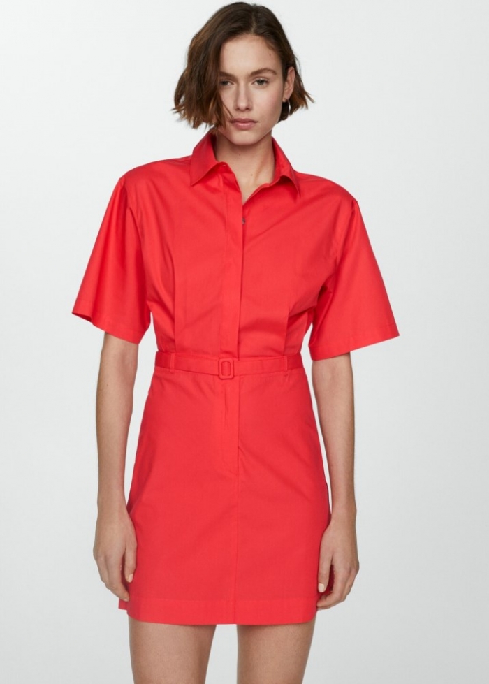 Mango Vestido camisero cinturón - Rojo coral