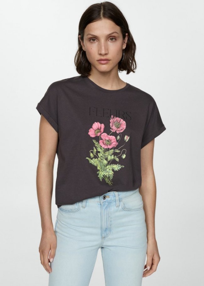 Mango Camiseta estampada algodón - Gris antracita