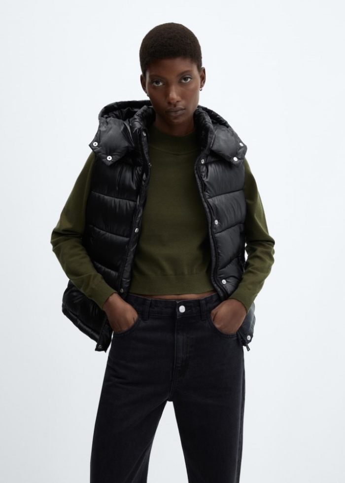 Mango Chaleco acolchado impermeable capucha - Negro