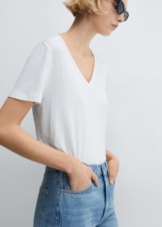 Mango Camiseta cuello pico - Blanco