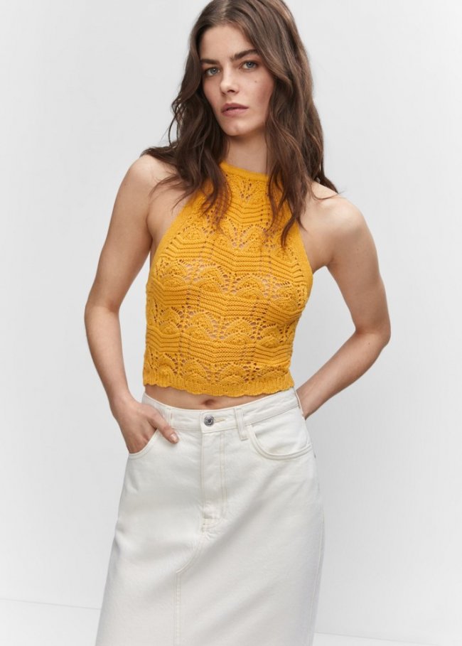 Mango Top crochet cuello halter - Mostaza
