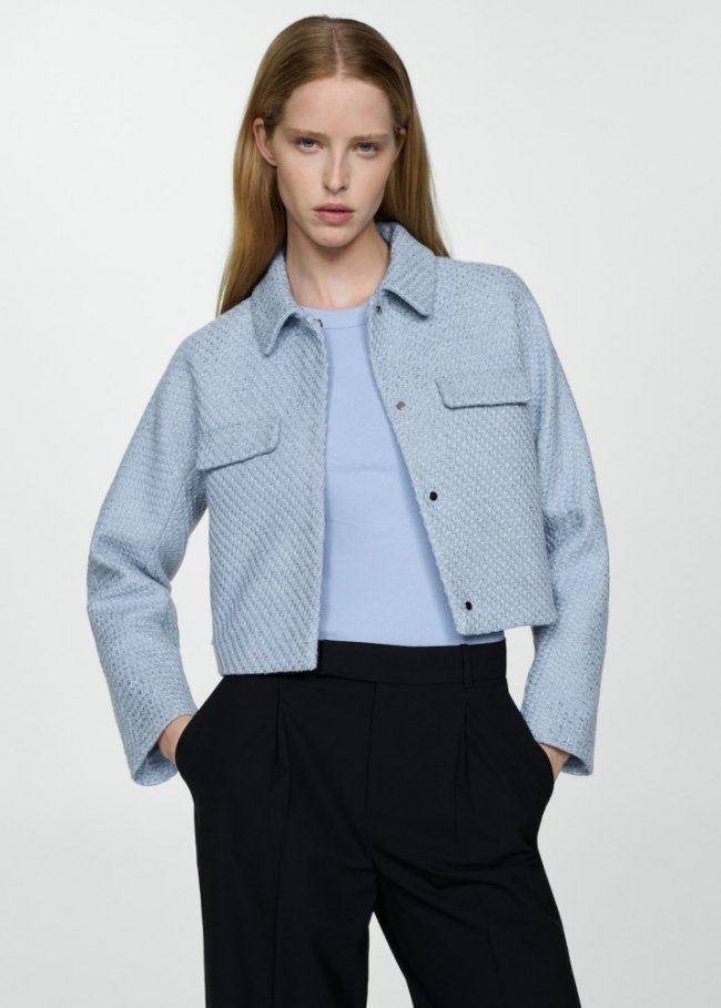 Mango Chaqueta crop tweed bolsillos - Azul celeste