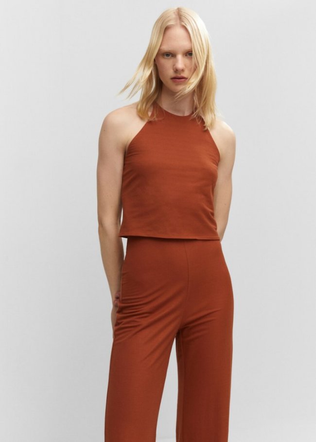 Mango Top punto cuello halter - Caramelo