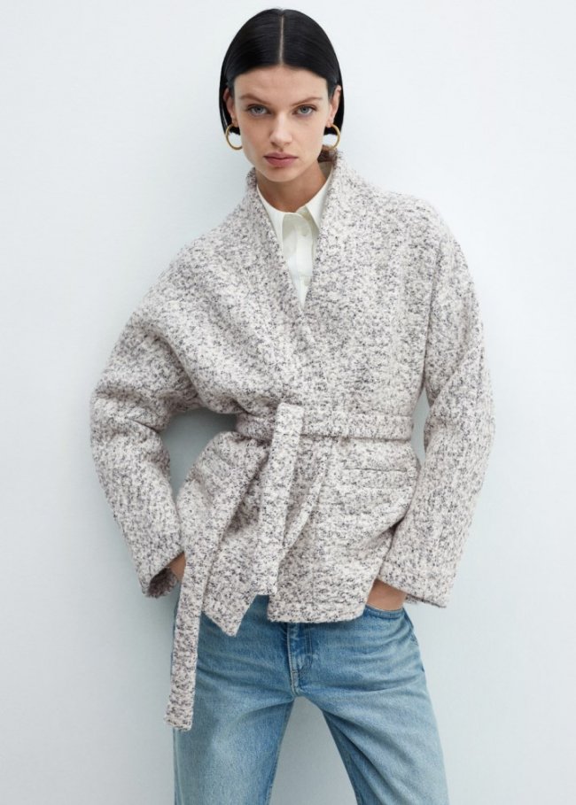 Mango Chaqueta lana cinturón - Gris