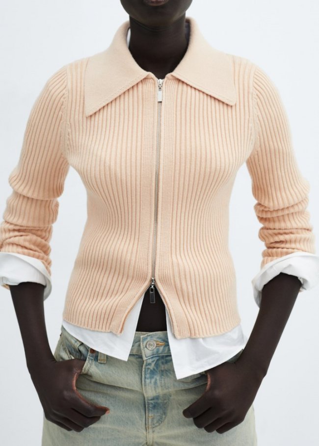 Mango Cárdigan canalé cremallera - Beige