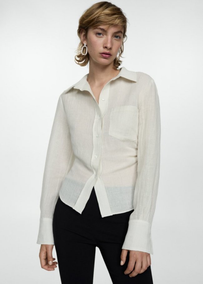 Mango Camisa lino detalle drapeado - Gris hielo