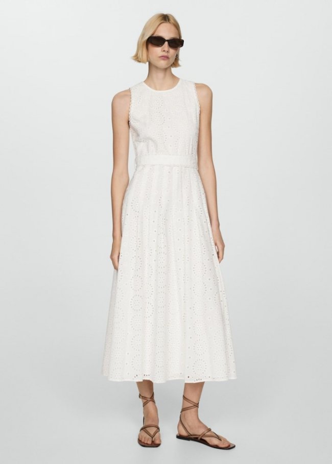 Mango Vestido bordado cinturón - Blanco roto
