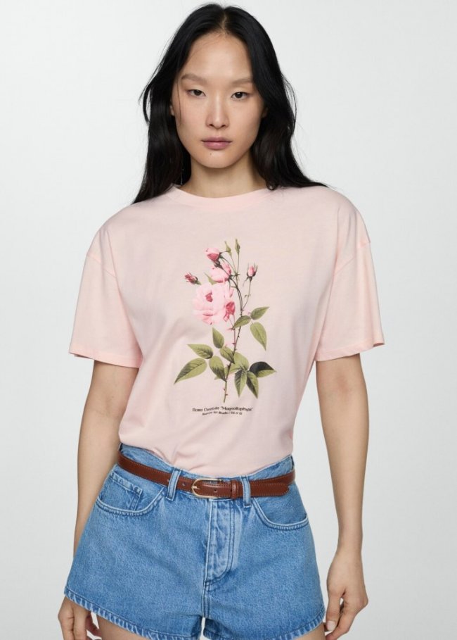 Mango Camiseta algodón estampada - Rosa palo