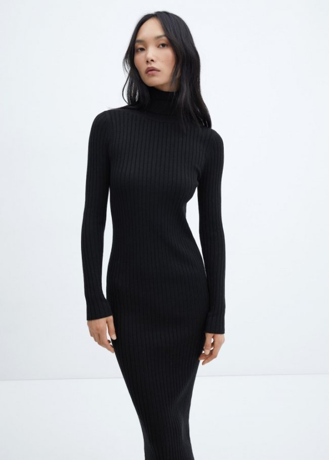 Mango Vestido midi canalé cuello alto - Negro