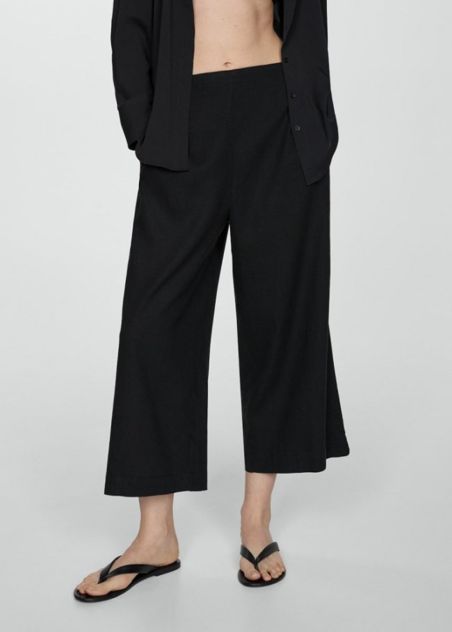 Mango Pantalón lino wideleg - Negro