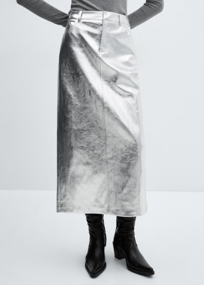 Mango Falda midi metalizada - Plata