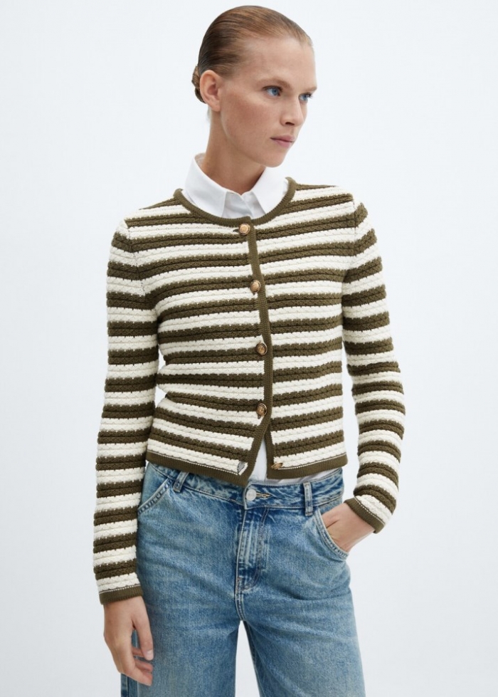 Mango Cárdigan rayas botones joya - Khaki