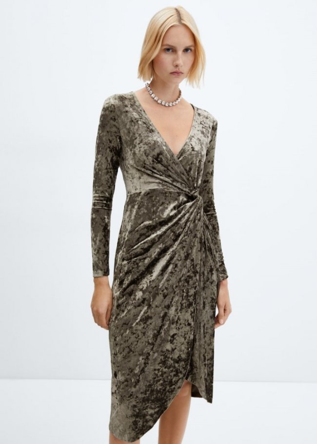 Mango Vestido nudo terciopelo - Khaki