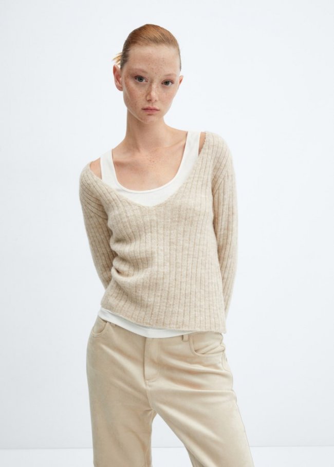 Mango Jersey canalé cuello pico - Gris hielo