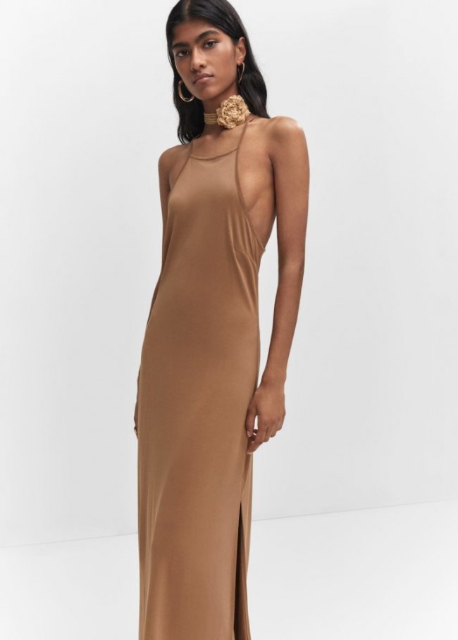 Mango Vestido modal cuello halter - Caramelo