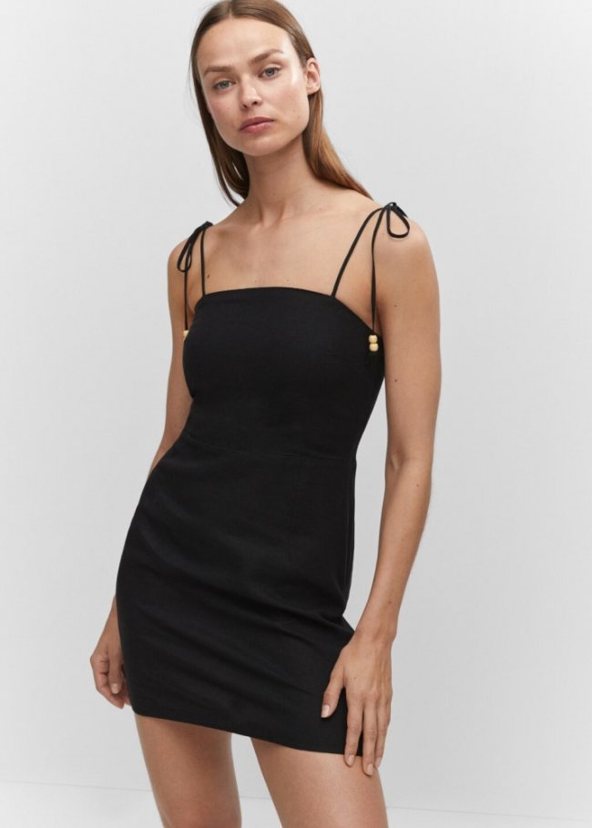 Mango Vestido lino detalle abalorios - Negro