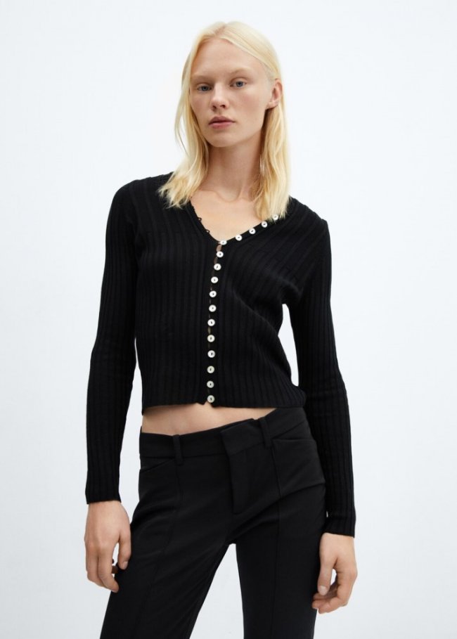 Mango Cárdigan canalé botones - Negro