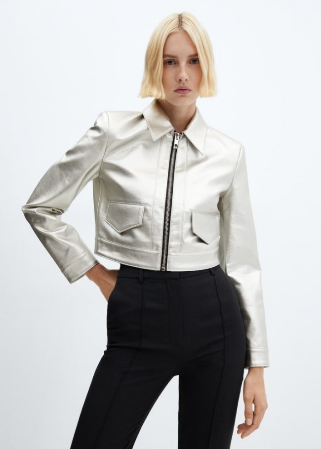 Mango Chaqueta crop metalizada - Plata
