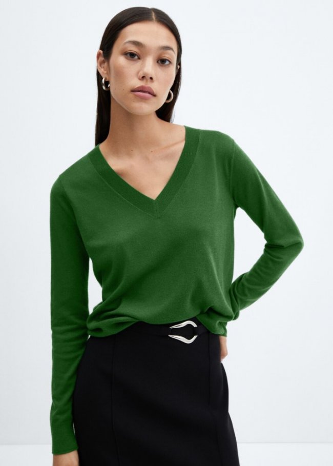 Mango Jersey punto fino cuello pico - Verde