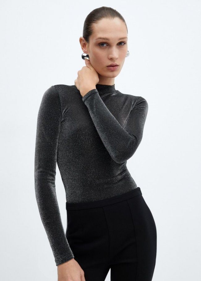 Mango Camiseta lúrex cuello perkins - Gris