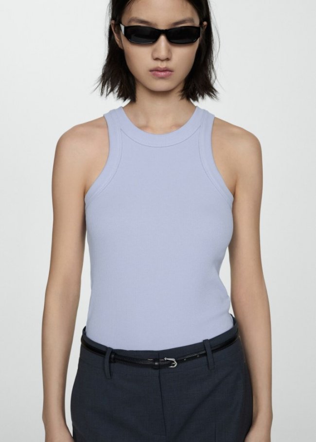 Mango Top canalé algodón - Azul celeste