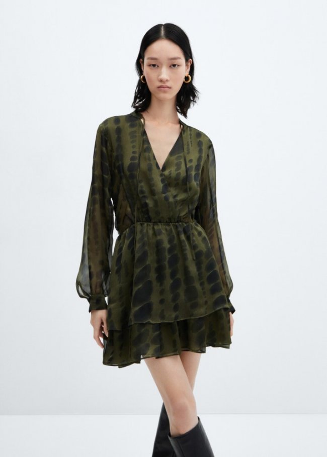 Mango Vestido satinado estampado - Khaki